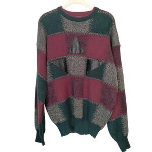 Vintage 90s Campus Mens Sz L Crew Neck Sweater Geometric Genuine Leather Patches